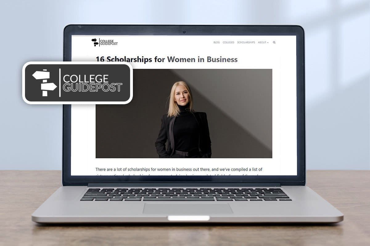 laptop mockup of business scholarships from collegeguidepost website