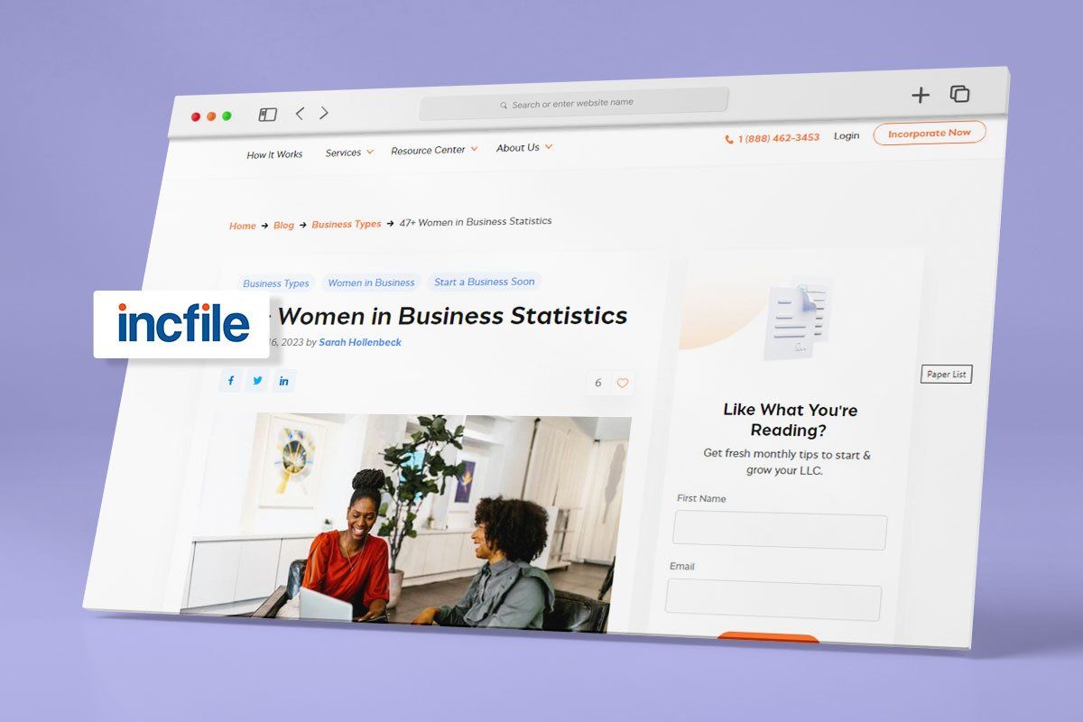 screenshot of womens in business statistics from incfile website