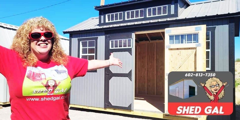 woman wearing red tshirt showing portable shed at her back