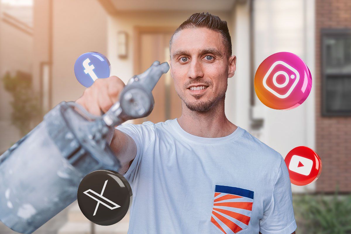 Spray-Net owner pointing a powered paint sprayer toward the camera while surrounded by social media icons representing Facebook, Instagram, YouTube, and X