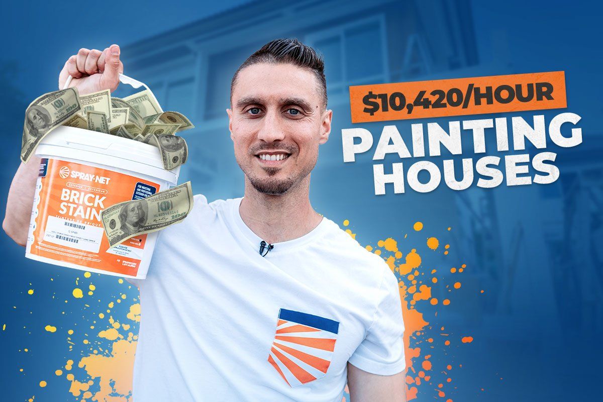 Spray-Net owner carrying a paint bucket full of cash to introduce UpFlip’s guide to starting a painting business with text that reads "$10,420/hour painting houses" hovering overhead