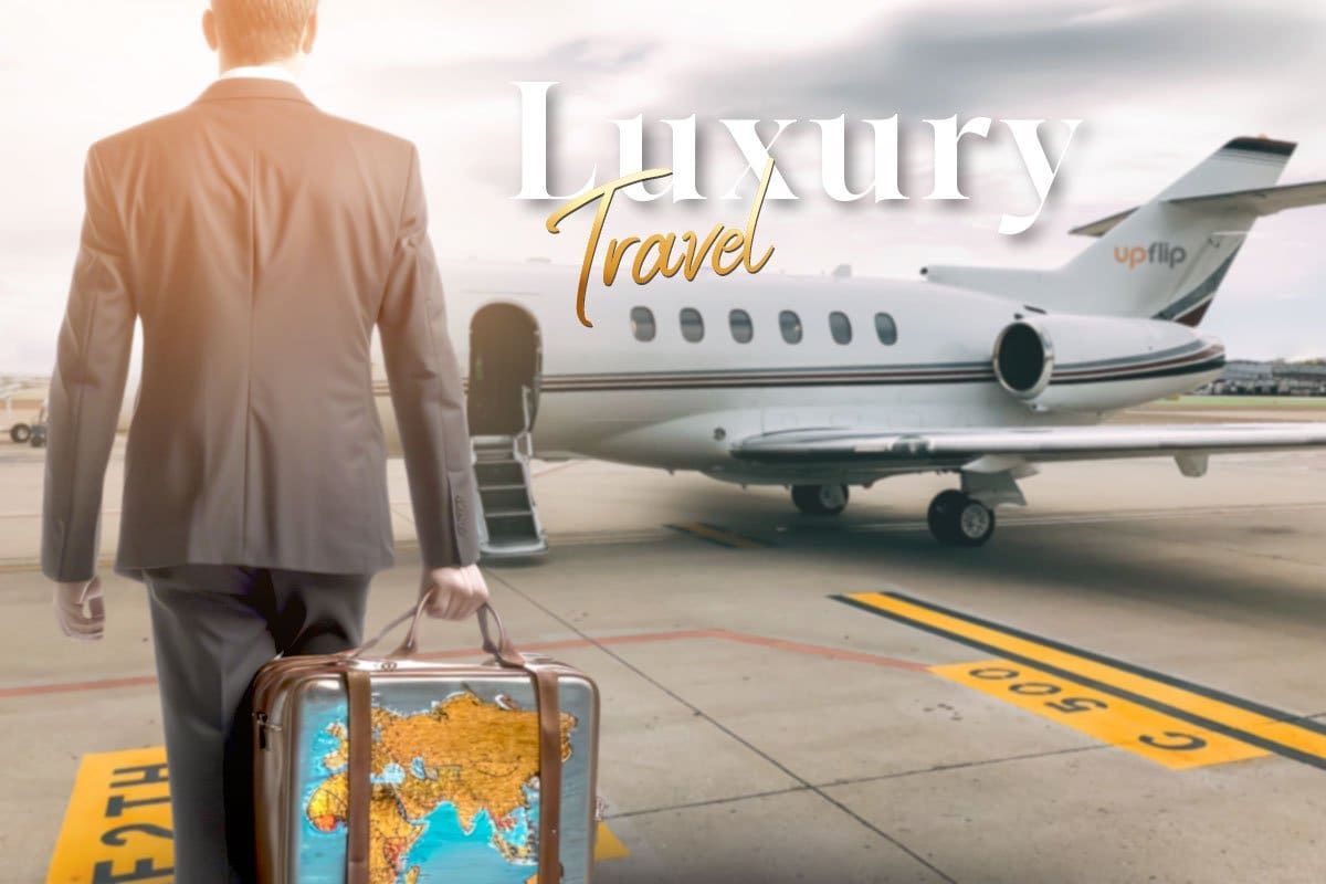 A man carrying his suitcase toward a private jet with the words "luxury travel" hovering overhead