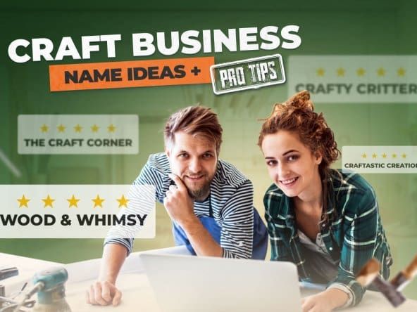 Artisans looking at a laptop while surrounded by five-star craft business names with the words "Craft business name ideas + pro tips" hovering overhead
