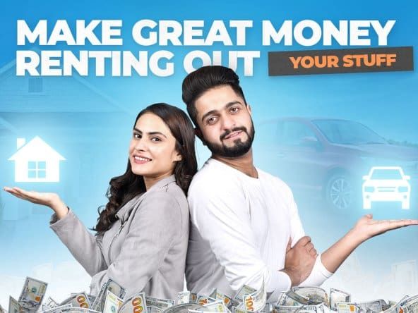 Woman with a holographic house hovering in the palm of her hand leaning back to back with a man who has a holographic car hovering in the palm of his hand as text that reads "Make great money renting out your stuff" hovers overhead