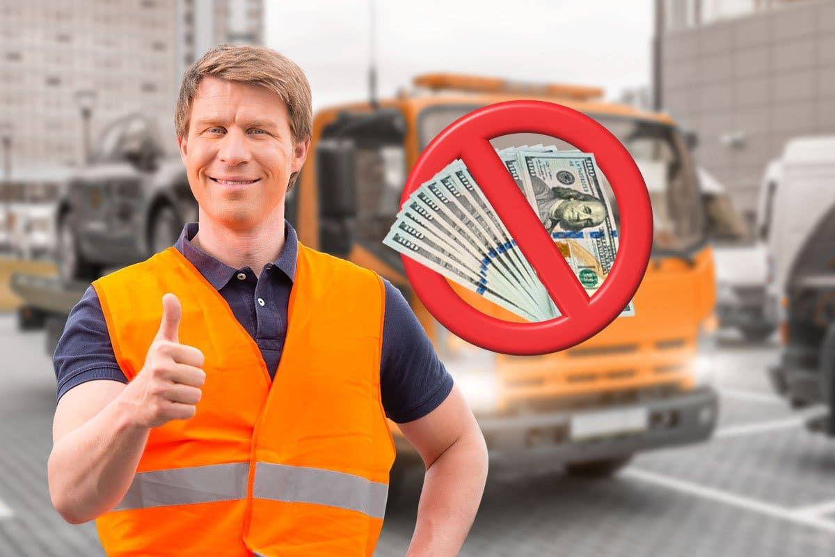 Concept of a tow truck owner in an orange vest with a crossed out stack of cash hovering over his shoulder