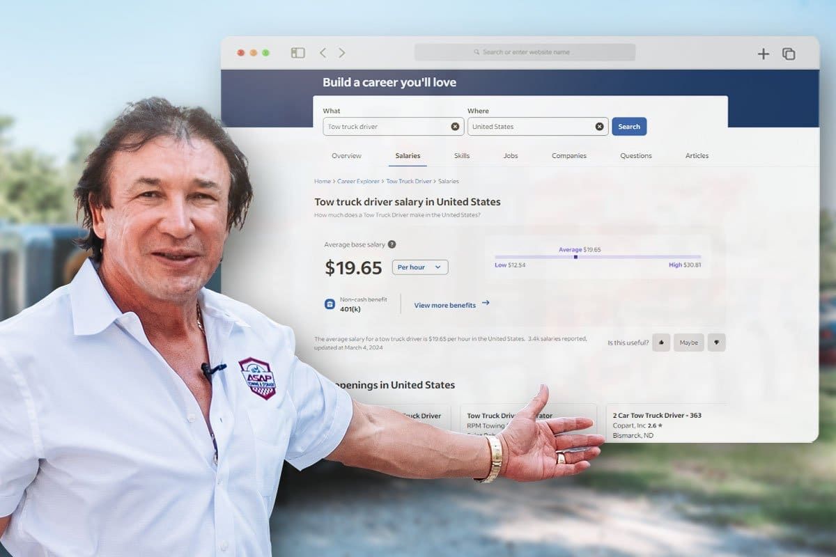 ASAP towing owner gesturing to a webpage about average tow truck driver salaries in the U.S.