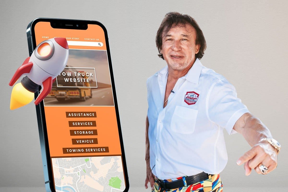 ASAP Towing owner gesturing to a smart phone showing a new towing company website