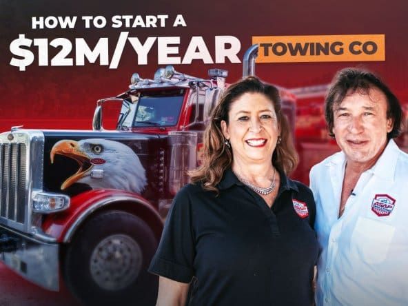 ASAP Towing owners in front of a large tow truck with text that reads "How to start a $12M/year towing co." hovering overhead