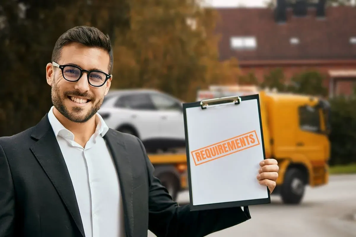 Business man in a suit standing in front of a tow truck holding a clipboard with a paper stamped with the word "Requirements"