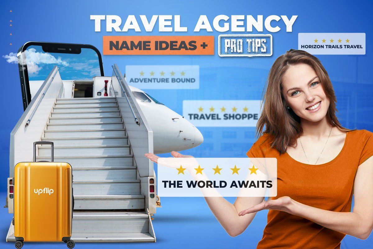 Woman in front of a private jet introducing five-star travel agency name options with the words "Travel agency name ideas + pro tips" hovering overhead
