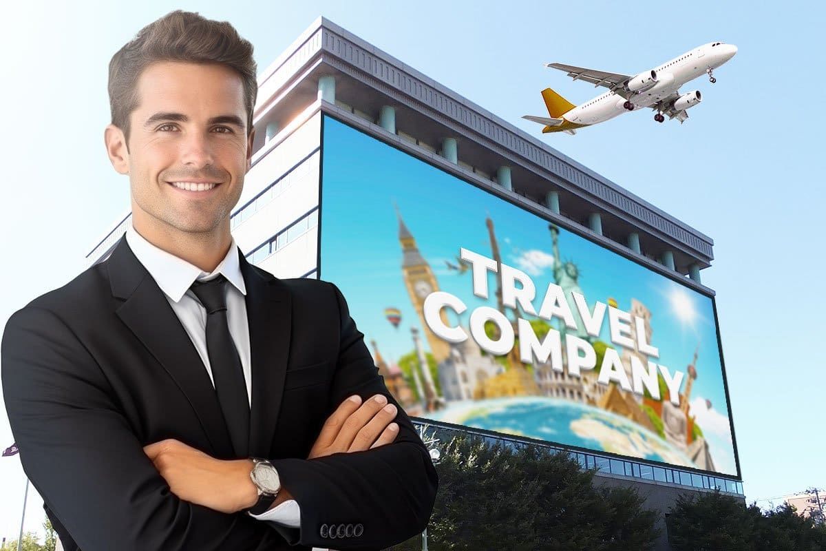Travel agent in front of a billboard that reads "travel company" with a jet flying overhead