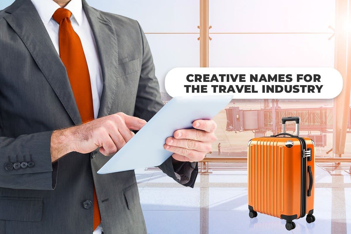 Travel agent in an airport terminal using a tablet to search for creative names for the travel industry