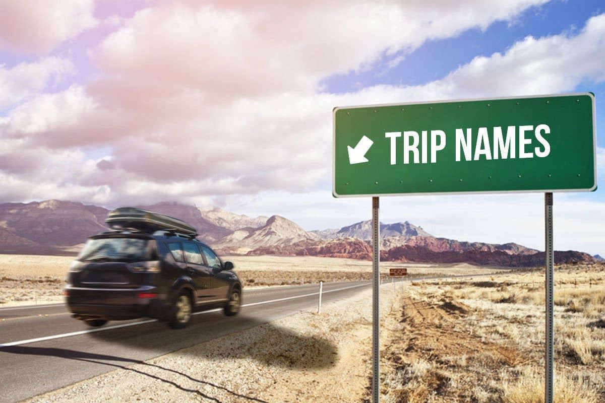 A car road tripping in the American West with a white and green road sign that reads "trip names" and has an arrow pointing toward the highway