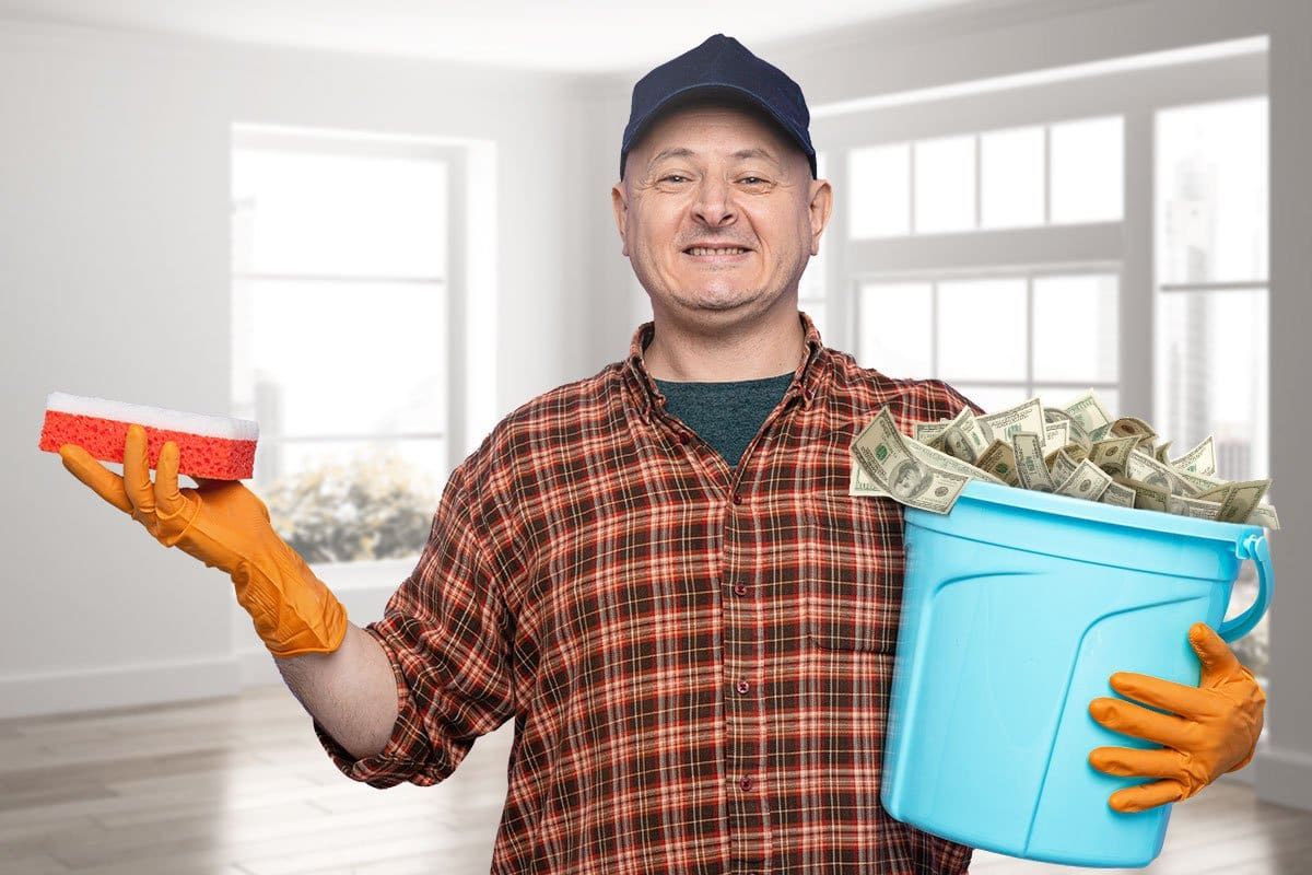 Cleaning business owner holding a sponge in one hand and a bucket of cash in the other